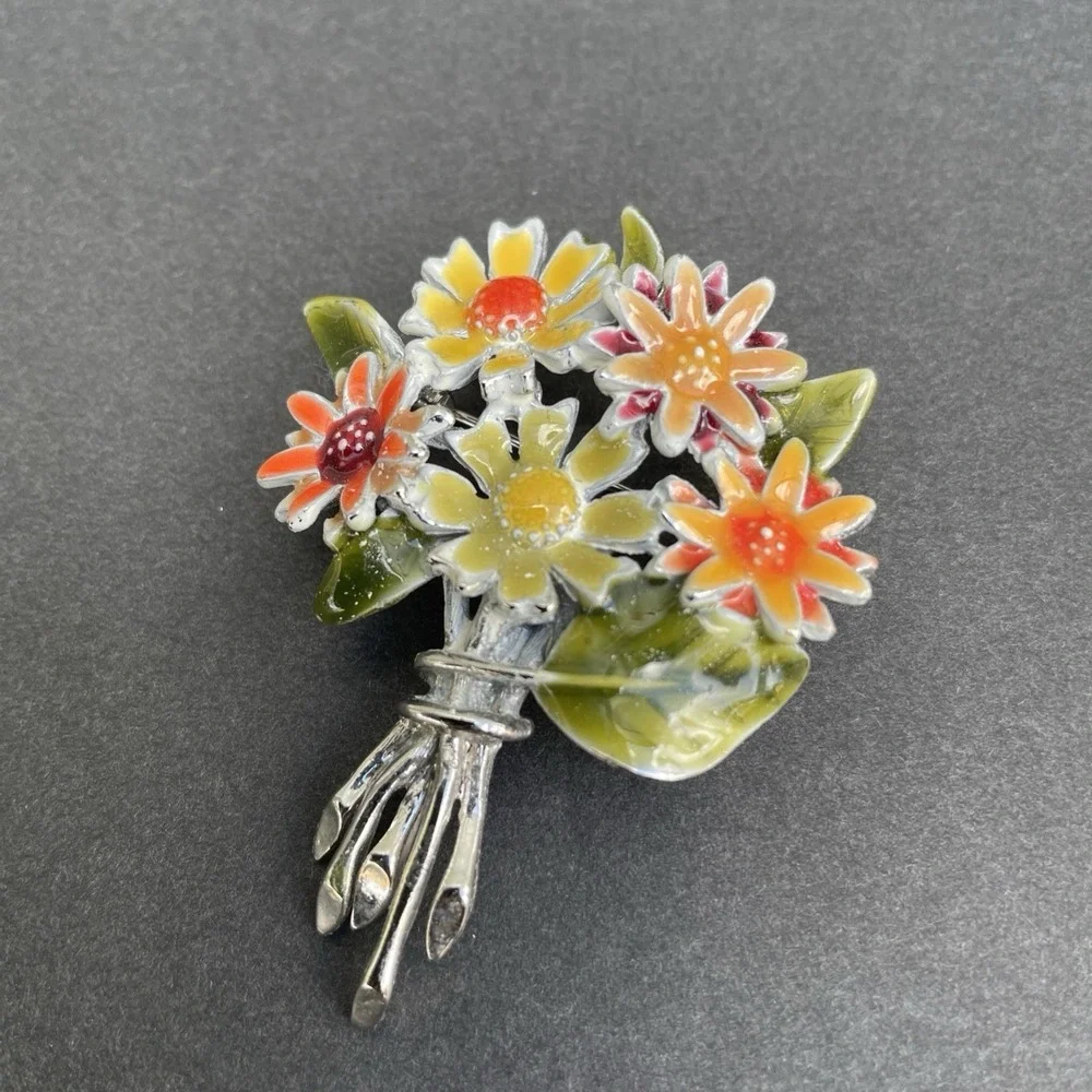 Vintage Liz Claiborne Colorful Enameled Flower‎ Bouquet Silver Tone Brooch Event